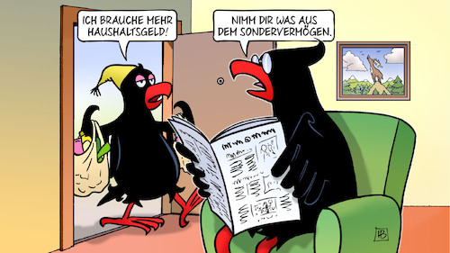 Cartoon: Haushalt und Sondervermögen (medium) by Harm Bengen tagged haushaltsgeld,sondervermögen,staatsfinanzen,schulden,bundesadler,adler,einkaufen,zeitung,lesen,brille,harm,bengen,cartoon,karikatur,haushaltsgeld,sondervermögen,staatsfinanzen,schulden,bundesadler,adler,einkaufen,zeitung,lesen,brille,harm,bengen,cartoon,karikatur