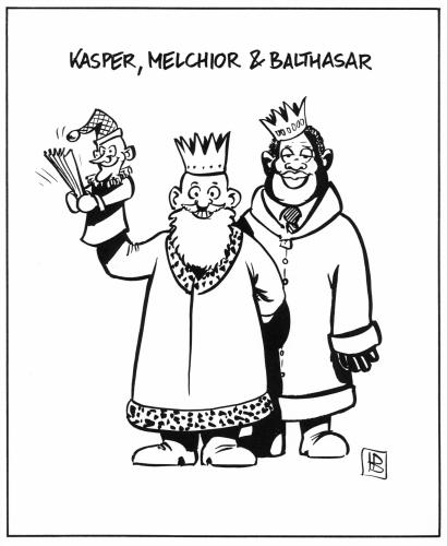 Cartoon: Heilige drei Könige (medium) by Harm Bengen tagged heilige,drei,könige,kasper,kasperle,handpuppe,religion,spielzeug,bethlehem,jesus,christus,weihnachten