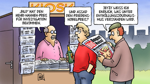 Cartoon: Henri-Nannen-Preis (medium) by Harm Bengen tagged henri,nannen,preis,enthüllungsjournalismus,journalisten,bild,bildzeitung,springer,verlag,jury,investigation,süddeutsche,zeitung,assad,syrien,friedensnobelpreis,titten,busen,angst,hass,wetterbericht,henri,nannen,preis,enthüllungsjournalismus,journalisten,bild,bildzeitung,verlag,springer