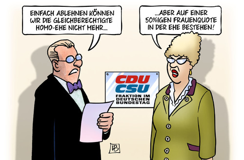 Cartoon: Homo-Ehe-Streit (medium) by Harm Bengen tagged gleichberechtigt,gleichberechtigung,gleichstellung,irland,referendum,ablehung,konservativ,homo,ehe,streit,frauenquote,cdu,csu,schwul,lesbisch,harm,bengen,cartoon,karikatur,gleichberechtigt,gleichberechtigung,gleichstellung,irland,referendum,ablehung,konservativ,homo,ehe,streit,frauenquote,cdu,csu,schwul,lesbisch,harm,bengen,cartoon,karikatur