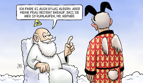 Cartoon: Hugh Hefner (medium) by Harm Bengen tagged hugh,hefner,tot,himmel,gott,playboy,bunny,frau,harm,bengen,cartoon,karikatur,hugh,hefner,tot,himmel,gott,playboy,bunny,frau,harm,bengen,cartoon,karikatur