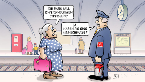 Cartoon: IC-Verbindungen (medium) by Harm Bengen tagged bahnhof,ic,verbindungen,streichen,farbe,wunschfarbe,susemil,bahnsteig,schaffner,harm,bengen,cartoon,karikatur,bahnhof,ic,verbindungen,streichen,farbe,wunschfarbe,susemil,bahnsteig,schaffner,harm,bengen,cartoon,karikatur