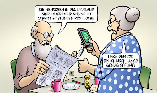 Cartoon: Immer mehr Online (medium) by Harm Bengen tagged mehr,online,tod,offline,internet,handy,susemil,harm,bengen,cartoon,karikatur,mehr,online,tod,offline,internet,handy,susemil,harm,bengen,cartoon,karikatur