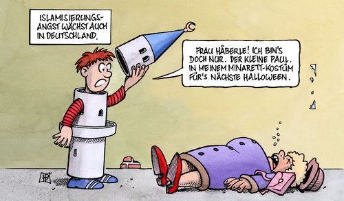 Cartoon: Islamisierungsangst (medium) by Harm Bengen tagged islamisierungsangst,islam,angst,minarett,schweiz,volksbefragung,bosbach,cdu,halloween,schwäbische,hausfrau,schweiz,minarette,abstimmung,verbot,intoleranz,toleranz,islam,muslime,moschee,kultur,tradition,ausländer,bosbach,cdu,halloween,schwäbische,hausfrau,islamisierungsangst,angst