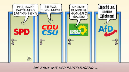 Cartoon: Jugendorganisationen (medium) by Harm Bengen tagged jusos,kapitalismus,junge,union,spd,cdu,csu,grüne,afd,jugendorganisationen,parteijugend,türen,harm,bengen,cartoon,karikatur,jusos,kapitalismus,junge,union,spd,cdu,csu,grüne,afd,jugendorganisationen,parteijugend,türen,harm,bengen,cartoon,karikatur