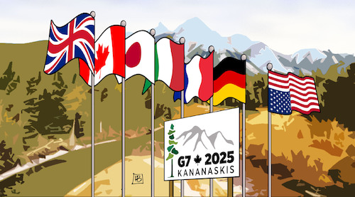 Cartoon: Kananaskis (medium) by Harm Bengen tagged kananaskis,kanada,canada,g7,gipfel,summit,trump,usa,fahnen,flags,harm,bengen,cartoon,karikatur,kananaskis,kanada,canada,g7,gipfel,summit,trump,usa,fahnen,flags,harm,bengen,cartoon,karikatur