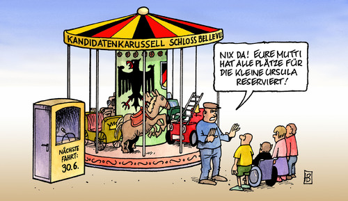 Cartoon: Kandidatenkarussell (medium) by Harm Bengen tagged kandidaten,karussell,bundespräsident,köhler,rücktritt,neuwahl,bundestag,bundesversammlung,ursula,von,der,leyen,lammert,schäuble,schavan,cdu,csu,fdp,bundespräident,horst köhler,nachfolge,rücktritt,wahl,wahlen,horst,köhler,schavan,cdu,csu,schäuble,lammert,neuwahl,bundestag,bundesversammlung,kandidaten