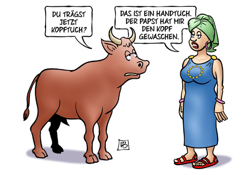 Cartoon: Karlspreis für Papst (medium) by Harm Bengen tagged karlspreis,kopftuch,handtuch,papst,franziskus,kopf,waschen,haare,europa,eu,stier,preisverleihung,aachen,rom,harm,bengen,cartoon,karikatur,karlspreis,kopftuch,handtuch,papst,franziskus,kopf,waschen,haare,europa,eu,stier,preisverleihung,aachen,rom,harm,bengen,cartoon,karikatur