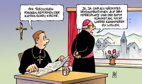 Cartoon: Katholische Reformen (medium) by Harm Bengen tagged katholische,reformen,katholisch,reform,theologen,theologie,professor,kirche,geistlich,klerus,rom,papst,petersplatz,vatikan,ratzinger,kandidieren,kandidatur,demonstration,ägypten,protest,aufstand,revolution,katholisch,reform,reformen,theologen,theologie,kirche,papst,vatikan,ratzinger,kandidatur,kandidieren,demonstration,petersplatz,ägypten,revolution,aufstand,protest