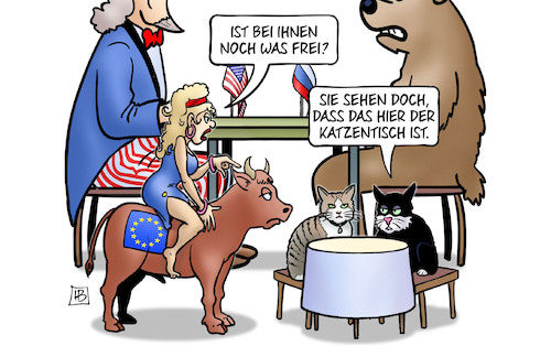 Cartoon: Katzentisch (medium) by Harm Bengen tagged katzentisch,europa,stier,usa,uncle,sam,russland,baer,harm,bengen,cartoon,karikatur,katzentisch,europa,stier,usa,uncle,sam,russland,baer,harm,bengen,cartoon,karikatur