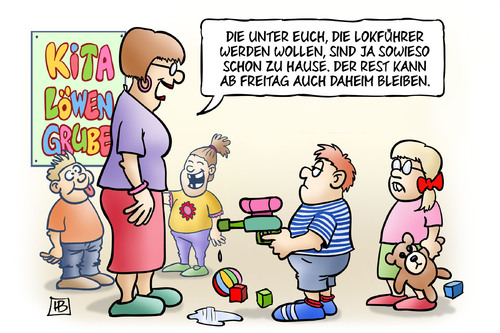 Cartoon: Kita-Streik unbefristet (medium) by Harm Bengen tagged lokführer,gdl,streik,unbefristet,verdi,kita,kindergarten,tarif,tarifverhandlungen,tarifkampf,gewerkschaft,harm,bengen,cartoon,karikatur,lokführer,gdl,streik,unbefristet,verdi,kita,kindergarten,tarif,tarifverhandlungen,tarifkampf,gewerkschaft,harm,bengen,cartoon,karikatur