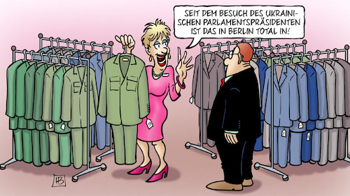 Cartoon: Kleidungstrends (medium) by Harm Bengen tagged besuch,ukrainische,parlamentspräsident,berlin,militaer,kleidung,trends,anzug,russland,ukraine,krieg,harm,bengen,cartoon,karikatur,besuch,ukrainische,parlamentspräsident,berlin,militaer,kleidung,trends,anzug,russland,ukraine,krieg,harm,bengen,cartoon,karikatur