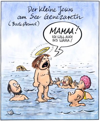 Cartoon: Klein-Jesus am Badestrand (medium) by Harm Bengen tagged jesus,badestrand,see,genezareth,kind,weinen,heiligenschein,baden,schwimmen,christus,messias,jesus,religion,see,badestrand,strand,wasser,baden,kind,schreien,heiligenschein,neues testament,markusevangelium,bibel,see genezareth,wasserwandeln,jünger,apostel,evangelium,wunder,wundertaten,kindlein,wunderglaube,nachteil,handicap,schreihals,christkind,josef,maria,jesus christus,jesus von nazareth,glaube,kirche,katholische kirche,evangelische kirche,glaubenssache,neues,testament,genezareth,christus,von,nazareth,katholische,evangelische