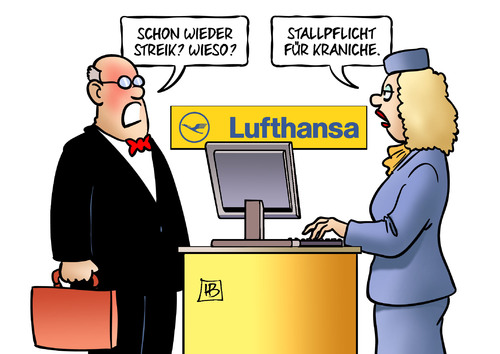 Cartoon: Kranich im Stall (medium) by Harm Bengen tagged streik,lufthansa,eurowings,kunde,flughafen,stallpflicht,kraniche,vogelgrippe,h5n1,virus,harm,bengen,cartoon,karikatur,streik,lufthansa,eurowings,kunde,flughafen,stallpflicht,kraniche,vogelgrippe,h5n1,virus,harm,bengen,cartoon,karikatur