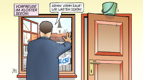 Cartoon: Laschet in Seeon (medium) by Harm Bengen tagged armin,laschet,kloster,seeon,csu,cdu,klausurtagung,eimer,wasser,vorfreude,söder,fenster,tür,harm,bengen,cartoon,karikatur,armin,laschet,kloster,seeon,csu,cdu,klausurtagung,eimer,wasser,vorfreude,söder,fenster,tür,harm,bengen,cartoon,karikatur