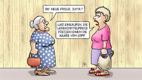 Cartoon: Lebensmittelpreise (medium) by Harm Bengen tagged neue,frisur,jutta,einkaufen,lebensmittelpreise,preissteigerungen,haare,kopf,inflation,susemil,harm,bengen,cartoon,karikatur,neue,frisur,jutta,einkaufen,lebensmittelpreise,preissteigerungen,haare,kopf,inflation,susemil,harm,bengen,cartoon,karikatur