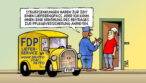 Cartoon: Lieferservice (medium) by Harm Bengen tagged fdp,rösler,bahr,chef,liefern,lieferservice,versprechen,service,wahl,steuer,steuersenkung,pflege,pflegeversicherung,reform,beitrag,beiträge,brutto,netto,fdp,rösler,bahr,chef,liefern,lieferservice,versprechen,service,wahl,steuer,steuersenkung,pflege,pflegeversicherung