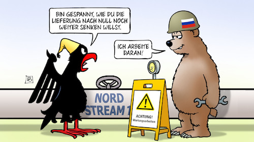 Cartoon: Lieferung unter Null (medium) by Harm Bengen tagged lieferung,null,noch,arbeiten,nordstream1,wartung,warten,adler,bär,pipeline,energiesicherheit,krieg,ukraine,russland,harm,bengen,cartoon,karikatur,lieferung,null,noch,arbeiten,nordstream1,wartung,warten,adler,bär,pipeline,energiesicherheit,krieg,ukraine,russland,harm,bengen,cartoon,karikatur