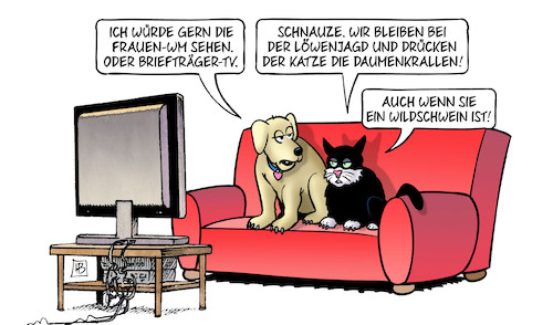 Cartoon: Löwenjagd (medium) by Harm Bengen tagged frauen,fussball,wm,tv,löwenjagd,katze,daumenkrallen,wildschwein,löwin,kleinmachnow,hund,sofa,harm,bengen,cartoon,karikatur,frauen,fussball,wm,tv,löwenjagd,katze,daumenkrallen,wildschwein,löwin,kleinmachnow,hund,sofa,harm,bengen,cartoon,karikatur