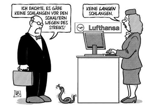 Cartoon: Lufthansa-Schlange (medium) by Harm Bengen tagged lufthansa,schlange,schlangen,schalter,streiks,pilotenstreik,piloten,cockpit,harm,bengen,cartoon,karikatur