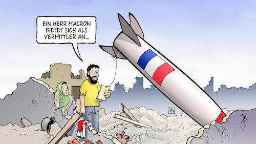 Cartoon: Macron-Angebot (medium) by Harm Bengen tagged macron,frankreich,syrien,raketen,bombardierung,vermittler,diplomatie,trümmer,brief,harm,bengen,cartoon,karikatur,macron,frankreich,syrien,raketen,bombardierung,vermittler,diplomatie,trümmer,brief,harm,bengen,cartoon,karikatur