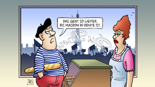 Cartoon: Macrons Rentenreform (medium) by Harm Bengen tagged rentenreform,macron,rente,proteste,demonstrationen,frankreich,paris,bäckerei,harm,bengen,cartoon,karikatur,rentenreform,macron,rente,proteste,demonstrationen,frankreich,paris,bäckerei,harm,bengen,cartoon,karikatur