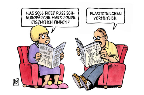 Cartoon: Mars-Sonde (medium) by Harm Bengen tagged russisch,europäische,mars,planet,sonde,raumfahrt,esa,roskosmos,schokoriegel,plastikteilchen,verschmutzung,zeitung,harm,bengen,cartoon,karikatur,russisch,europäische,mars,planet,sonde,raumfahrt,esa,roskosmos,schokoriegel,plastikteilchen,verschmutzung,zeitung,harm,bengen,cartoon,karikatur