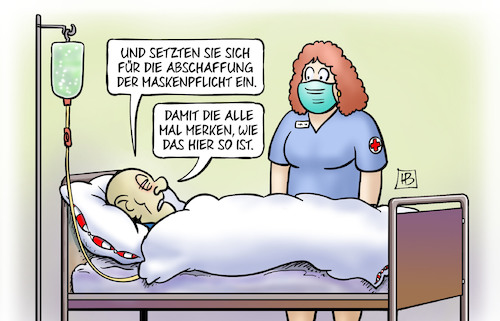 Cartoon: Maskenpflicht-Diskussion (medium) by Harm Bengen tagged maskenpflicht,diskussion,abschaffung,kankenhaus,krankenschwester,patient,sterben,corona,harm,bengen,cartoon,karikatur,maskenpflicht,diskussion,abschaffung,kankenhaus,krankenschwester,patient,sterben,corona,harm,bengen,cartoon,karikatur