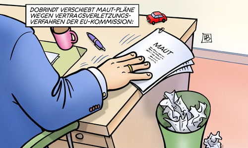 Cartoon: Maut verschoben (medium) by Harm Bengen tagged dobrindt,csu,verkehrsminister,bundesregierung,pkw,auslaender,diskriminierung,maut,vertragsverletzungsverfahren,eu,kommission,gesetz,papierkorb,abfall,harm,bengen,cartoon,karikatur,dobrindt,csu,verkehrsminister,bundesregierung,pkw,auslaender,diskriminierung,maut,vertragsverletzungsverfahren,eu,kommission,gesetz,papierkorb,abfall,harm,bengen,cartoon,karikatur