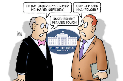 Cartoon: McMaster gefeuert (medium) by Harm Bengen tagged trump,usa,sicherheitsberater,mcmaster,gefeuert,entlassung,twitter,unsicherheitsberater,bolton,nachfolger,weisses,haus,bengen,cartoon,karikatur,trump,usa,sicherheitsberater,mcmaster,gefeuert,entlassung,twitter,unsicherheitsberater,bolton,nachfolger,weisses,haus,bengen,cartoon,karikatur