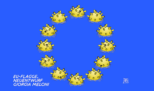 Cartoon: Meloni-Flagge (medium) by Harm Bengen tagged eu,europa,flagge,neuentwurf,giorgia,meloni,italien,tunesien,seeminen,minen,gefahr,militär,abschottung,flüchtlinge,flucht,mittelmeer,boote,harm,bengen,cartoon,karikatur,eu,europa,flagge,neuentwurf,giorgia,meloni,italien,tunesien,seeminen,minen,gefahr,militär,abschottung,flüchtlinge,flucht,mittelmeer,boote,harm,bengen,cartoon,karikatur