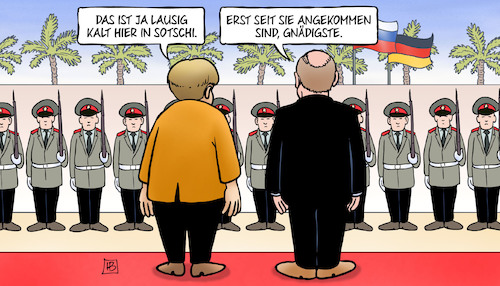 Cartoon: Merkel in Sotschi (medium) by Harm Bengen tagged lausig,kalt,sotschi,treffen,merkel,putin,soldaten,palmen,deutschland,russland,harm,bengen,cartoon,karikatur,lausig,kalt,sotschi,treffen,merkel,putin,soldaten,palmen,deutschland,russland,harm,bengen,cartoon,karikatur