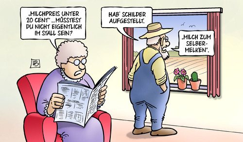 Cartoon: Milchpreis (medium) by Harm Bengen tagged milchpreis,cent,bauer,stall,zeitung,schilder,selbermelken,harm,bengen,cartoon,karikatur,milchpreis,cent,bauer,stall,zeitung,schilder,selbermelken,harm,bengen,cartoon,karikatur