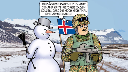 Cartoon: Militärkooperation Island (medium) by Harm Bengen tagged militärkooperation,island,pistorius,armee,bundeswehr,soldat,schneemann,harm,bengen,cartoon,karikatur,militärkooperation,island,pistorius,armee,bundeswehr,soldat,schneemann,harm,bengen,cartoon,karikatur