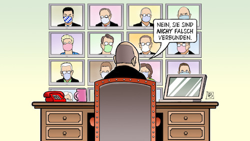 Cartoon: MPK mit Scholz (medium) by Harm Bengen tagged mpk,falsch,verbunden,videokonferenz,ministerpräsidenten,scholz,merkel,bundeskanzler,regierungswechsel,harm,bengen,cartoon,karikatur,mpk,falsch,verbunden,videokonferenz,ministerpräsidenten,scholz,merkel,bundeskanzler,regierungswechsel,harm,bengen,cartoon,karikatur