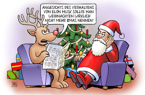 Cartoon: Musk und Xmas (medium) by Harm Bengen tagged verhalten,elon,musk,weihnachten,xmas,weihnachtsmann,rentier,zeitung,lesen,harm,bengen,cartoon,karikatur,verhalten,elon,musk,weihnachten,xmas,weihnachtsmann,rentier,zeitung,lesen,harm,bengen,cartoon,karikatur