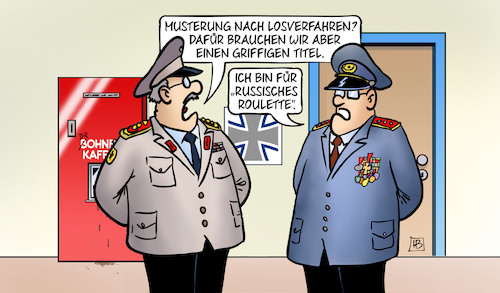 Cartoon: Musterung im Losverfahren (medium) by Harm Bengen tagged musterung,losverfahren,titel,russisches,roulette,bundeswehr,generäle,wehrpflicht,wehrdienst,harm,bengen,cartoon,karikatur,musterung,losverfahren,titel,russisches,roulette,bundeswehr,generäle,wehrpflicht,wehrdienst,harm,bengen,cartoon,karikatur