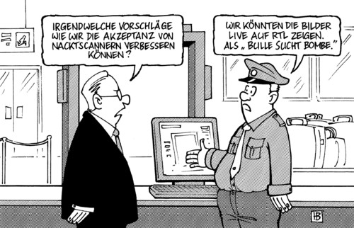 Cartoon: Nacktscanner (medium) by Harm Bengen tagged nacktscanner,nackt,scanner,körperscanner,flughafen,angst,terror,bombe,bulle,kontrolle,akzeptanz,rtl,soap,doku,tv,fernsehen,sicherheit,terrorismus