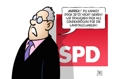 Cartoon: Nahles-Rücktritt (medium) by Harm Bengen tagged andrea,sündenböckin,sündenbock,landtagswahlen,wahlen,spd,nahles,rücktritt,parteivorsitzende,fraktionsvorsitzende,harm,bengen,cartoon,karikatur,andrea,sündenböckin,sündenbock,landtagswahlen,wahlen,spd,nahles,rücktritt,parteivorsitzende,fraktionsvorsitzende,harm,bengen,cartoon,karikatur