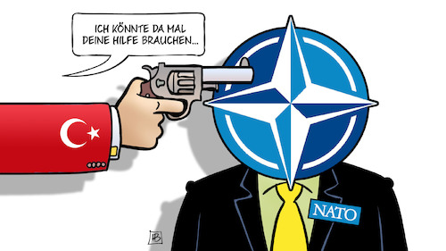 Cartoon: Nato und Türkei (medium) by Harm Bengen tagged hilfe,nato,türkei,pistole,erpressung,krieg,syrien,idlib,harm,bengen,cartoon,karikatur,hilfe,nato,türkei,pistole,erpressung,krieg,syrien,idlib,harm,bengen,cartoon,karikatur