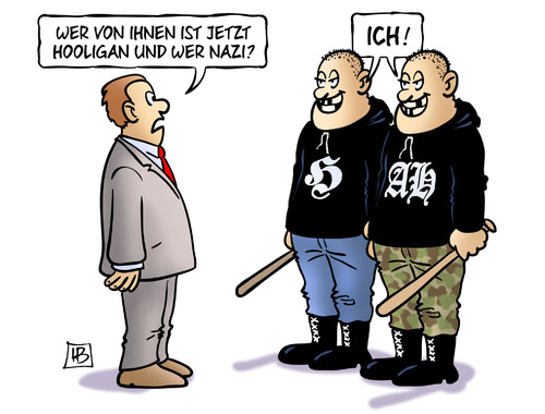 Cartoon: Nazis und Hooligans (medium) by Harm Bengen tagged demonstration,krawall,baseballschläger,schläger,fussballfans,hooligans,faschisten,rechts,nazis,karikatur,cartoon,bengen,harm,salafisten,nazis,rechts,faschisten,hooligans,fussballfans,schläger,baseballschläger,krawall,demonstration,salafisten,harm,bengen,cartoon,karikatur