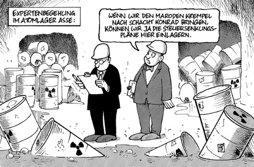 Cartoon: Neue Asse-Nutzung (medium) by Harm Bengen tagged atommülllager,asse,schacht,konrad,atom,kernkraft,strahlen,strahlenschutz,verlagerung,steuer,steuersenkung,pläne,radioaktiv,gift