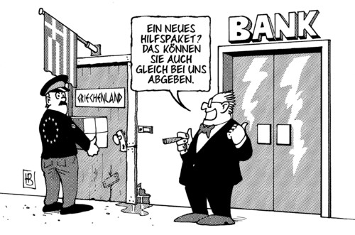 Cartoon: Neues Hilfspaket (medium) by Harm Bengen tagged hilfspaket,griechenland,schäuble,bundestag,banken,bank,eu,schulden,spekulation