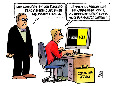 Cartoon: Neustart (medium) by Harm Bengen tagged neustart,bundespräsidentenwahl,neuwahlen,merkel,wulff,cdu,csu,fdp,koalition,zerrüttet,abweichler,zank,streit,zerfall,niedergang,virus,computer,festplatte,formatieren,neustart,bundespräsidentenwahl,neuwahlen,merkel,wahlen,bundespräsident,csu,cdu,wulff,koalition,zerrüttet,abweichler,streit,zerfall,niedergang,virus,computer,festplatte