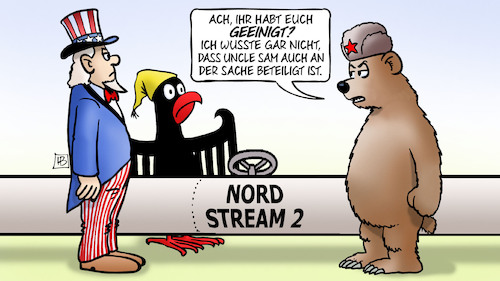 Cartoon: NordStream2-Einigung (medium) by Harm Bengen tagged nordstream2,pipeline,einigung,uncle,sam,usa,adler,bundesadler,deutschland,russland,bär,harm,bengen,cartoon,karikatur,nordstream2,pipeline,einigung,uncle,sam,usa,adler,bundesadler,deutschland,russland,bär,harm,bengen,cartoon,karikatur