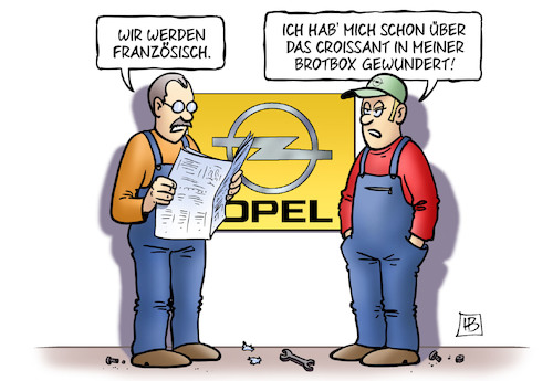 Cartoon: Opel französisch (medium) by Harm Bengen tagged französisch,croissant,brotbox,arbeiter,zeitung,gm,opel,peugeot,verkauf,automobilindustrie,usa,deutschland,frankreich,harm,bengen,cartoon,karikatur,französisch,croissant,brotbox,arbeiter,zeitung,gm,opel,peugeot,verkauf,automobilindustrie,usa,deutschland,frankreich,harm,bengen,cartoon,karikatur