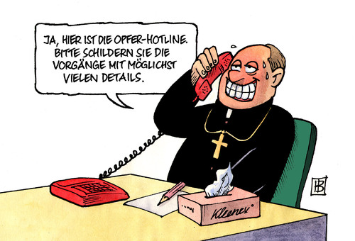 Cartoon: Opfer-Hotline (medium) by Harm Bengen tagged opfer,hotline,katholisch,kirche,missbrauch,bischof,pfarrer,priester,telefon,paedophil,verbrechen,kind,kleenex,opfer,hotline,katholisch katholisch kirche,bischof,pfarrer,priester,telefon,paedophil,verbrechen,kind,kleenex,katholisch,kirche