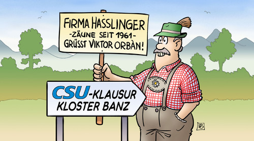 Cartoon: Orban bei CSU (medium) by Harm Bengen tagged csu,klausur,kloster,banz,viktor,orban,ungarn,zaun,fluechtlinge,asyl,harm,bengen,cartoon,karikatur,csu,klausur,kloster,banz,viktor,orban,ungarn,zaun,fluechtlinge,asyl,harm,bengen,cartoon,karikatur