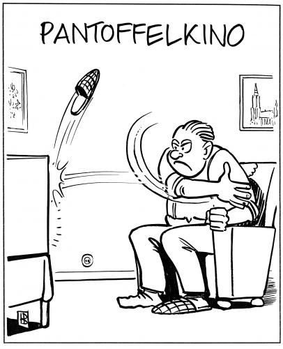 Cartoon: Pantoffelkino (medium) by Harm Bengen tagged pantoffelkino,pantoffel,kino,tv,fernsehen,programm,werfen,frust,wut,medien,dekadenz,pantoffelheld,couch potato,sitzkartoffel,umschalten,quoten,einschaltquoten,gez,gebühren,mies,werteverfall,flimmerkiste,tv landschaft,fernsehprogramm,couch,potato,landschaft,unterhaltung,kritik,quotenfang,soaps,talk show,reality show,talk,show,reality