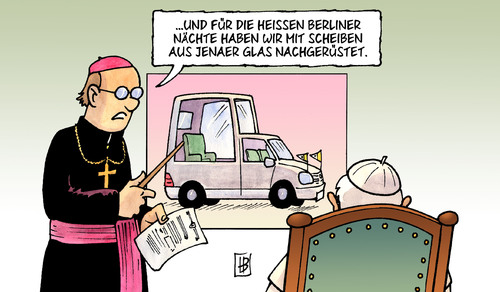 Cartoon: Papst in Berlin (medium) by Harm Bengen tagged papst,berlin,deutschland,besuch,polizei,protest,demonstration,kritik,kirche,katholisch,steuergelder,autos,kfz,papamobil,brennen,anschlag,jenaer,glas,feuerfest,feuer,papst,berlin,deutschland,besuch,polizei,protest,demonstration,kirche,kritik,autos,papamobil,brennen,anschlag,steuergelder